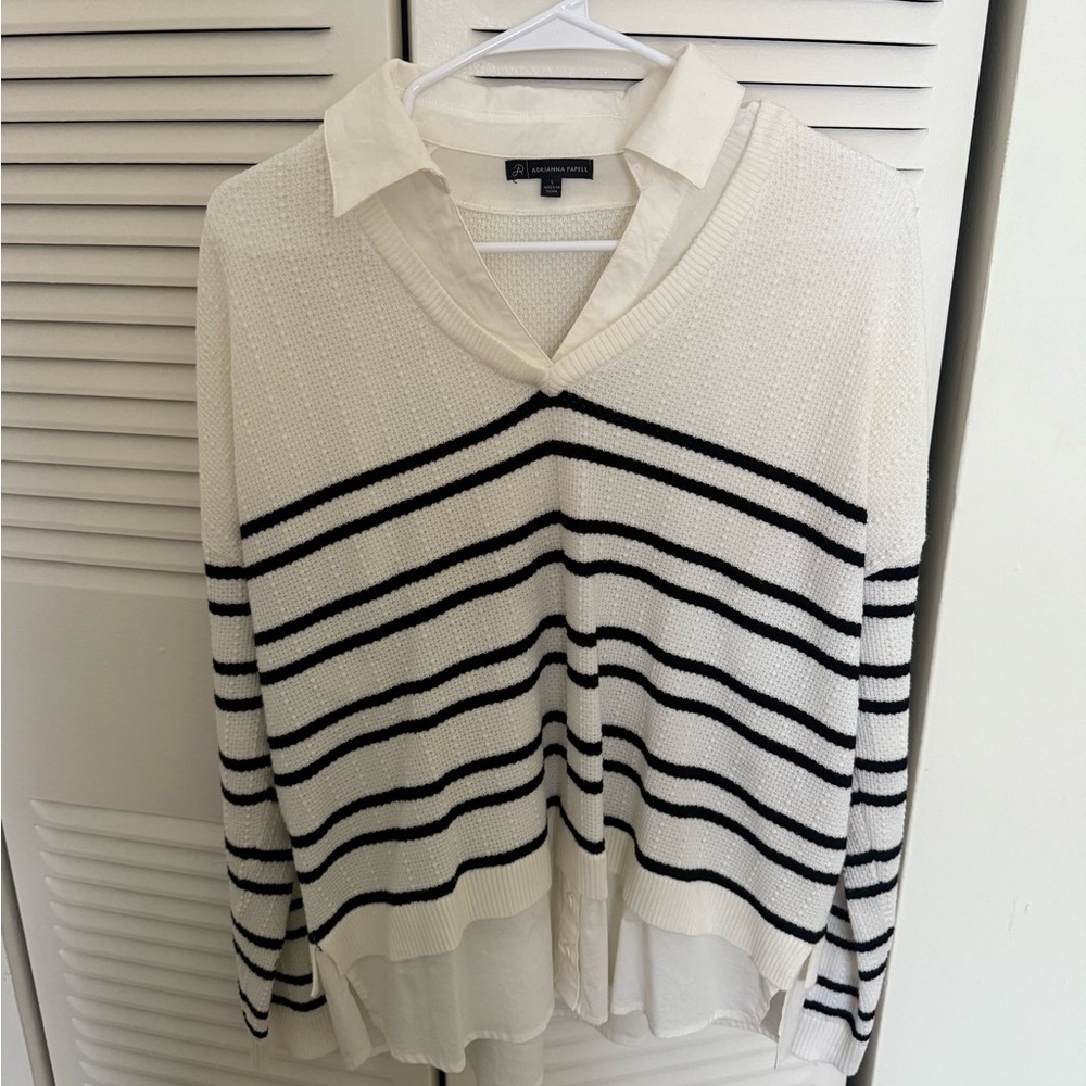 Adrianna Papell Women's V-Neck Sweater - Black and White_size L
